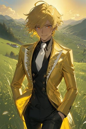 1 boy, alone, short hair, blonde hair, wavy hair, pixie cut, bangs, ahoge, orange eyes, smile, gold suit, gold jacket, black vest, black shirt, black pants, white tie, decorated clothes, perfect light, hills, green grass, niji5, cowboy shot