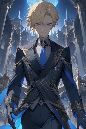 1 boy, alone, short hair, pale blonde hair, pixie cut, hair open forehead, dark blue eyes, smile, black suit, blue tie, black jacket, gray vest, white shirt, black pants, gray gloves, decorated clothing, light perfect, palace, night city, moon, niji5, cowboy shot