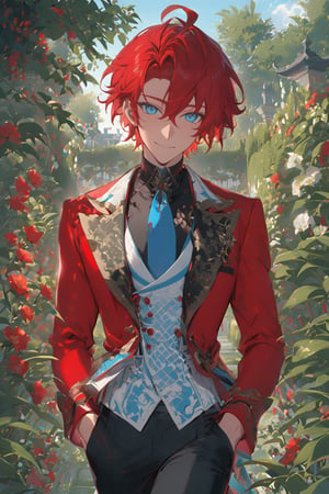 1 boy, alone, short hair, red hair, wavy hair, pixie cut, open forehead, ahoge, pale blue eyes, smile, red suit, red jacket, white vest, black shirt, black pants, blue tie, decorated clothes, light perfect, garden, niji5, cowboy shot