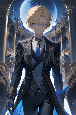 1 boy, alone, short hair, pale blonde hair, pixie cut, hair open forehead, dark blue eyes, smile, black suit, blue tie, black jacket, gray vest, white shirt, black pants, gray gloves, decorated clothing, light perfect, palace, night city, moon, niji5, cowboy shot