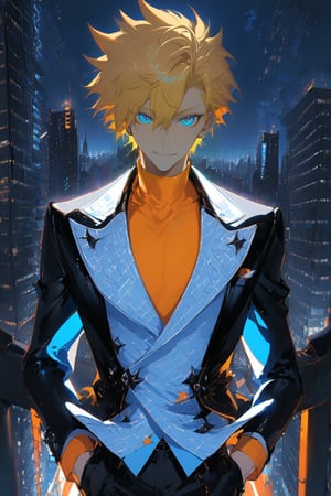 1 boy, alone, short hair, blonde hair, spiked hair, pixie cut, bangs, pale blue eyes, smile, black suit, black jacket, white vest, orange shirt, black pants, no tie, decorated clothes, perfect light, city , at night, niji5, cowboy shot