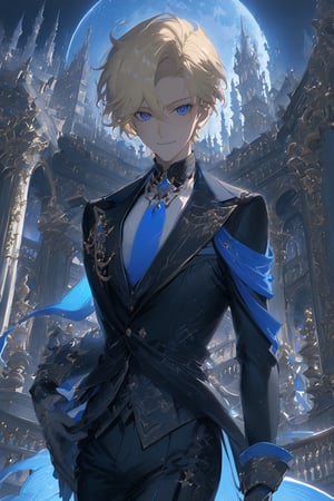 1 boy, alone, short hair, pale blonde hair, pixie cut, hair open forehead, dark blue eyes, smile, black suit, blue tie, black jacket, gray vest, white shirt, black pants, gray gloves, decorated clothing, light perfect, palace, night city, moon, niji5, cowboy shot