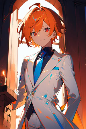 1 boy, alone, ((short hair)), orange hair, swept bangs, ahoge, red eyes, smile, white suit, white jacket, dark blue shirt, blue tie, white pants, decorated clothes, perfect light, Ogareña house, chimney, cowboy shot