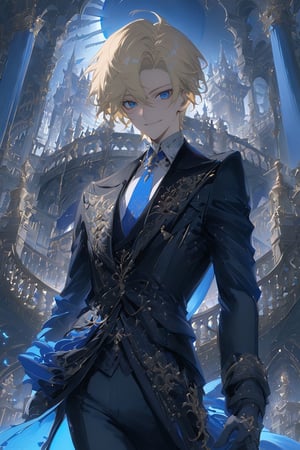 1 boy, alone, short hair, pale blonde hair, pixie cut, hair open forehead, dark blue eyes, smile, black suit, blue tie, black jacket, gray vest, white shirt, black pants, gray gloves, decorated clothing, light perfect, palace, night city, moon, niji5, cowboy shot