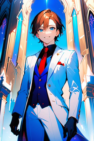 1 boy, alone, short hair, brown hair, bangs, hair between the eyes, blue eyes, smile, suit, white suit, blue vest, white jacket, black shirt, white pants, ornate clothing , blue light, castle, de noce, red tie, black gloves, cowboy shot