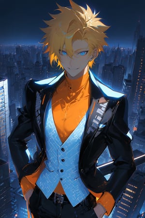 1 boy, alone, short hair, blonde hair, spiked hair, pixie cut, bangs, pale blue eyes, smile, black suit, black jacket, white vest, orange shirt, black pants, no tie, decorated clothes, perfect light, city , at night, niji5, cowboy shot