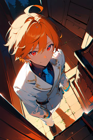1 boy, alone, ((short hair)), orange hair, swept bangs, ahoge, red eyes, smile, white suit, white jacket, dark blue shirt, blue tie, white pants, decorated clothes, perfect light, Ogareña house, chimney, from above