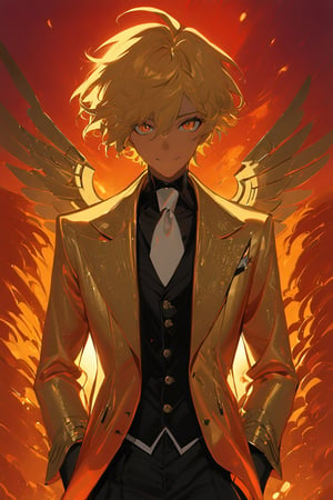 1 boy, alone, short hair, blonde hair, wavy hair, pixie cut, bangs, ahoge, orange eyes, smile, gold suit, gold jacket, black vest, black shirt, black pants, white tie, decorated clothes, perfect light, sun, red sky, niji5, cowboy shot