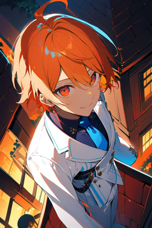 1 boy, alone, ((short hair)), orange hair, swept bangs, ahoge, red eyes, smile, white suit, white jacket, dark blue shirt, blue tie, white pants, decorated clothes, perfect light, Ogareña house, chimney, from above