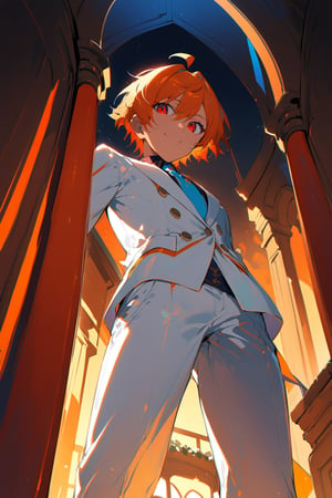 1 boy, alone, ((short hair)), orange hair, swept bangs, ahoge, red eyes, smile, white suit, white jacket, dark blue shirt, blue tie, white pants, decorated clothes, perfect light, Ogareña house, chimney, from below