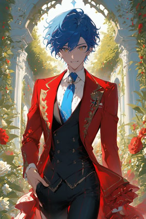 1 boy, alone, short hair, blue hair, wavy hair, pixie cut, bangs, yellow eyes, smile, red suit, red jacket, black vest, white shirt, black pants, blue tie, decorated clothes, perfect light, garden roses, niji5, cowboy shot