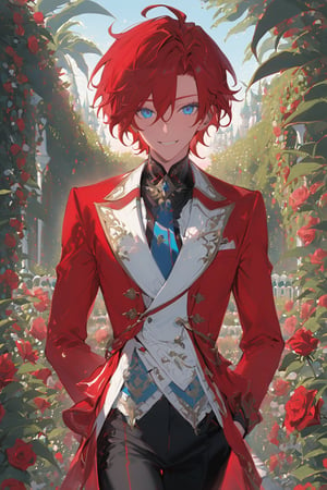 1 boy, alone, short hair, red hair, wavy hair, pixie cut, open forehead, ahoge, pale blue eyes, smile, red suit, red jacket, white vest, black shirt, black pants, blue tie, decorated clothes, light perfect, rose garden, niji5, cowboy shot