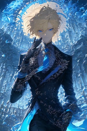 1 boy, alone, short hair, pale blonde hair, pixie cut, hair open forehead, dark blue eyes, smile, black suit, blue tie, black jacket, gray vest, white shirt, black pants, gray gloves, decorated clothing, light perfect, palace, night city, moon, niji5, cowboy shot