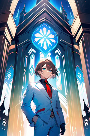 1 boy, alone, short hair, brown hair, bangs, hair between the eyes, tuft of white hair, blue eyes, smile, suit, white suit, blue vest, white jacket, black shirt, white pants, ornate clothing , blue light, castle, de noce, from below, red tie, black gloves, cowboy shot