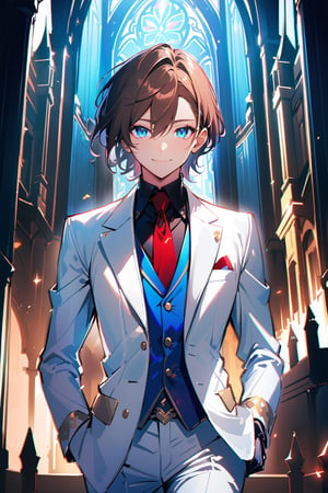 1 boy, alone, short hair, brown hair, bangs, hair between the eyes, blue eyes, smile, suit, white suit, blue vest, white jacket, black shirt, white pants, ornate clothing , blue light, castle, de noce, red tie, black gloves, cowboy shot