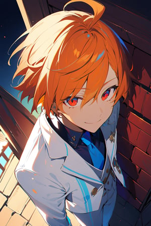 1 boy, alone, ((short hair)), orange hair, swept bangs, ahoge, red eyes, smile, white suit, white jacket, dark blue shirt, blue tie, white pants, decorated clothes, perfect light, Ogareña house, chimney, from above