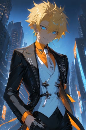 1 boy, alone, short hair, blonde hair, spiked hair, pixie cut, bangs, pale blue eyes, smile, black suit, black jacket, white vest, orange shirt, black pants, white tie, decorated clothes, perfect light, city , at night, niji5, cowboy shot