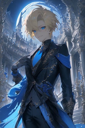 1 boy, alone, short hair, pale blonde hair, pixie cut, hair open forehead, dark blue eyes, smile, black suit, blue tie, black jacket, gray vest, white shirt, black pants, gray gloves, decorated clothing, light perfect, palace, night city, moon, niji5, cowboy shot