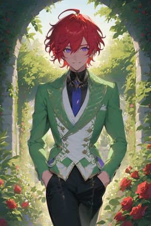 1 boy, alone, short hair, red hair, wavy hair, pixie cut, bangs, ahoge, purple eyes, smile, green suit, green jacket, white vest, black shirt, black pants, blue tie, decorated clothes, perfect light, rose garden, niji5, cowboy shot