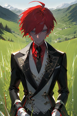 1 boy, alone, short hair, red hair, pixie cut, bangs, ahoge, gray eyes, expressionless, black suit, black tie, black jacket, white vest, red shirt, black pants, white gloves, decorated clothes, perfect light, hills, green grass,niji5, cowboy shot