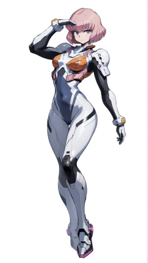 1 girl (best quality), full body, pink hair, short bob hair, astro costume, purple eyes, tight bodysuit, transparent bodysuit, leotard, pose character characteristics, standing pose relaxed arms, neutral standing pose, character characteristics character, full character, futuristic footwear, cyberpunk style, masamune shirow style, neco style, No background, light background, white background, plain white background, no background, clean background, jumpsuit,ReikaKurashiki,Clementine \(overlord\),sinozick style,mari-white