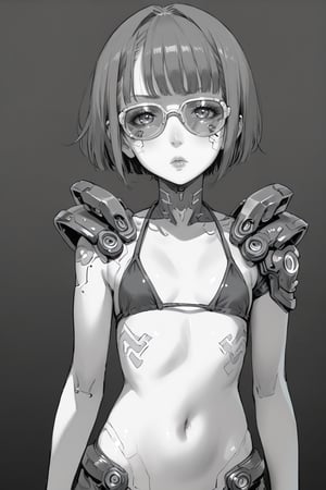 Ink art, Comic style art, Black and white portrait, Grayscale shadows, Outline drawing, Waist to head portrait, Focus on torso, Cowboy shot, Portrait, Young cyberpunk style girl, Short bob hair, Serious look, Half-open eyes, Dark circles, Full lips, Two tone cyberpunk manga style, Grayscale, Girl wears a bikini top, Shoulder pads, Futuristic glasses, Belly button
Red gradient background,