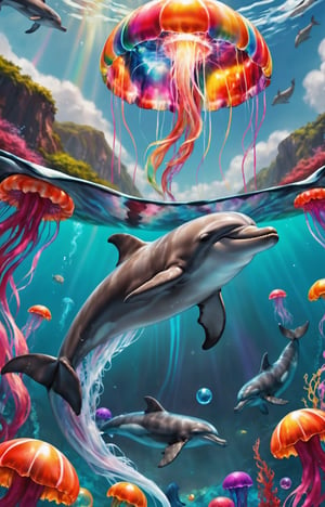 Magical dreams, landscapes, photorealestic, Illustration of dolphins swimming in colorful waters, Look up at the composition, Jellyfish and whales