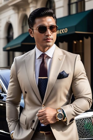 A handsome VIP Vietnamese man in a luxury suit and Gucci sunglasses stands in front of his Bentley SUV, smoking a cigar while glancing at his Vacheron gold watch. The background shows a downtoThe successful businessman stands tall in his impeccably tailored luxury suit, adorned with a sophisticated LV bag. His Gucci sunglasses shield his eyes from the bright sun as he takes a moment to enjoy his surroundings. He leans against his sleek and powerful Bentley SUV, puffing on a fragrant cigar as he glances down at his wrist to check the time on his exquisite Vacheron gold watch. The backdrop of a bustling downtown creates an interesting contrast to the serene image of the businessman taking a momentary break from his busy schedule.wn area.,r4w photo,man