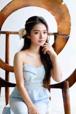 Potrait of a beauty Vietnamese girl is sitting on a wooden chair with a white background behind her. The studio light is positioned to the right of the girl, casting a soft light on her face and dress.,girl