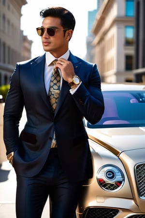 A handsome,VIP, Vietnamese man,black hair with white highlight,in a luxury suit and Gucci sunglasses stands in front of his Bentley SUV, smoking a cigar while glancing at his Vacheron gold watch. The background shows a downtoThe successful businessman stands tall in his impeccably tailored luxury suit, adorned with a sophisticated LV bag. His Gucci sunglasses shield his eyes from the bright sun as he takes a moment to enjoy his surroundings. He leans against his sleek and powerful Bentley SUV, puffing on a fragrant cigar as he glances down at his wrist to check the time on his exquisite Vacheron gold watch. The backdrop of a bustling downtown creates an interesting contrast to the serene image of the businessman taking a momentary break from his busy schedule.wn area.,r4w photo,man