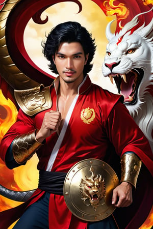 A handsome,VIP, Vietnamese man,black hair with white highlight,he wear a golden dragon amor, right hand hold a large lion Shield, his left hand hold a curve sword with ruby.His teammate a fierce red eastern dragon are blowing fire.