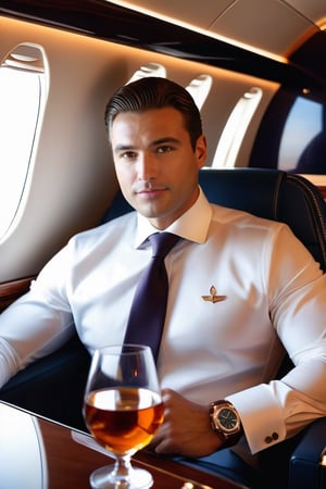 A businessman, VIP, sitting in his private jet, enjoying his cognac. The polygon light and the jet window light enhance his handsome and luxurious clothing. In his left hand, he wears a Vacheron Constantin Overseas watch.,man