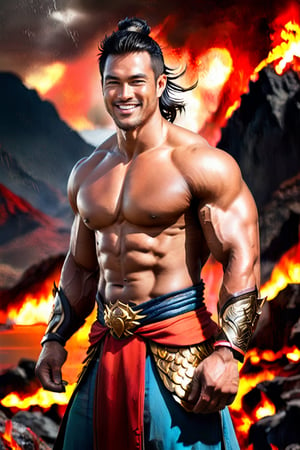 This is a portrait artwork of a muscular Vietnamese barbarian with divine proportions. He is grinning and has an intense gaze. The scene is set in rugged terrain with a stormy backdrop, fiery explosions, thunderous clouds, and dynamic lighting. The background has a barren wasteland with molten lava and majestic mountains. The artist Skyrn99 used vibrant colors, followed the rule of thirds, and added bokeh and backlighting with a long exposure of 2.