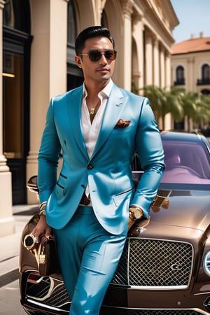 A handsome VIP Vietnamese man in a luxury suit and Gucci sunglasses stands in front of his Bentley SUV, smoking a cigar while glancing at his Vacheron gold watch. The background shows a downtoThe successful businessman stands tall in his impeccably tailored luxury suit, adorned with a sophisticated LV bag. His Gucci sunglasses shield his eyes from the bright sun as he takes a moment to enjoy his surroundings. He leans against his sleek and powerful Bentley SUV, puffing on a fragrant cigar as he glances down at his wrist to check the time on his exquisite Vacheron gold watch. The backdrop of a bustling downtown creates an interesting contrast to the serene image of the businessman taking a momentary break from his busy schedule.wn area.,r4w photo