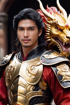 In front of me stands a strikingly handsome Vietnamese man, his lustrous black hair adorned with white highlights. He is dressed in a regal golden dragon armor, which perfectly complements his chiseled features. In his right hand, he wields a large lion shield, a symbol of his strength and courage. His left hand grips a curved sword, its hilt encrusted with a sparkling ruby, a testament to his wealth and power. A fierce red eastern dragon stands beside him, its scales shimmering in the glare of the sun. The dragon exhales a fiery breath, a clear sign of its loyalty and allegiance to the man.
