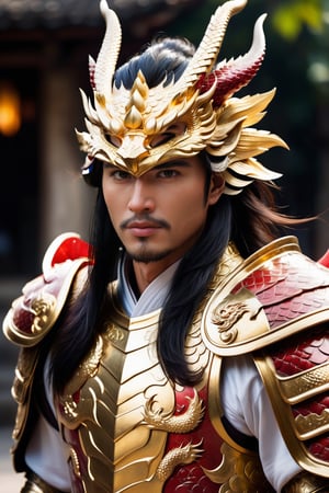 In front of me stands a strikingly handsome Vietnamese lord, his lustrous black hair adorned with white highlights. He is dressed in a regal golden dragon armor, which perfectly complements his chiseled features. In his right hand, he wields a large lion shield, a symbol of his strength and courage. His left hand grips a curved sword, its hilt encrusted with a sparkling ruby, a testament to his wealth and power. A fierce red eastern dragon stands beside him, its scales shimmering in the glare of the sun. The dragon exhales a fiery breath, a clear sign of its loyalty and allegiance to the man.