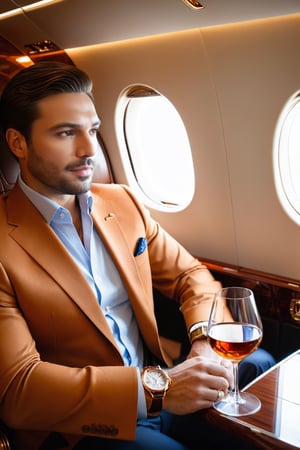 A businessman, VIP, sitting in his private jet, enjoying his cognac. The polygon light and the jet window light enhance his handsome and luxurious clothing. In his left hand, he wears a Vacheron Constantin Overseas watch.