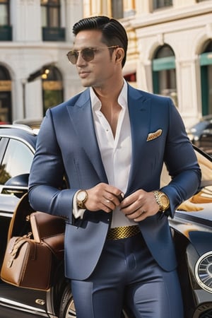 A handsome Vietnamese man in a luxury suit and Gucci sunglasses stands in front of his Bentley SUV, smoking a cigar while glancing at his Vacheron gold watch. The background shows a downtoThe successful businessman stands tall in his impeccably tailored luxury suit, adorned with a sophisticated LV bag. His Gucci sunglasses shield his eyes from the bright sun as he takes a moment to enjoy his surroundings. He leans against his sleek and powerful Bentley SUV, puffing on a fragrant cigar as he glances down at his wrist to check the time on his exquisite Vacheron gold watch. The backdrop of a bustling downtown creates an interesting contrast to the serene image of the businessman taking a momentary break from his busy schedule.wn area.