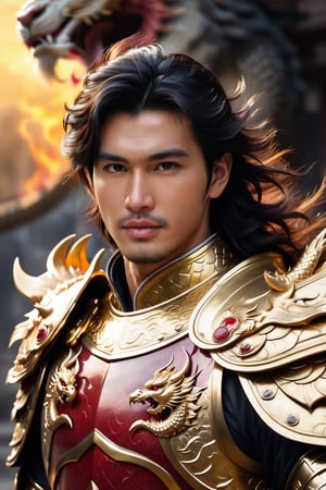 In front of me stands a strikingly handsome Vietnamese man, his lustrous black hair adorned with white highlights. He is dressed in a regal golden dragon armor, which perfectly complements his chiseled features. In his right hand, he wields a large lion shield, a symbol of his strength and courage. His left hand grips a curved sword, its hilt encrusted with a sparkling ruby, a testament to his wealth and power. A fierce red eastern dragon stands beside him, its scales shimmering in the glare of the sun. The dragon exhales a fiery breath, a clear sign of its loyalty and allegiance to the man.