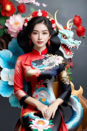 A portrait of a beautiful Vietnamese girl in a black ao dai with dragon and floral pattern, is seated on a wooden chair with a grey background behind her. The studio light is positioned to the right of the girl, casting a soft light on her face and dress.,1girl,Vietnam,girl,women,woman,beauty,ao dai,lovely,Ao dai