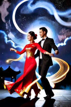 An outline of a Vietnamese couple dancing under a dark night sky, with a black background, in the style of light painting art. The woman wears a red and gold ao dai, while the man wears a black suit.