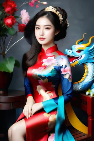 A portrait of a beautiful Vietnamese girl in a black ao dai with dragon and floral pattern, is seated on a wooden chair with a grey background behind her. The studio light is positioned to the right of the girl, casting a soft light on her face and dress.,1girl,Vietnam,girl,women,woman,beauty,ao dai,lovely,Ao dai,beautiful