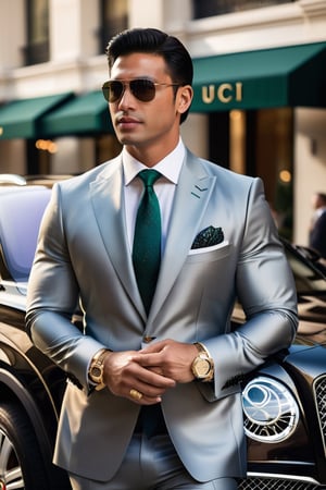 A handsome,VIP, Vietnamese man,black hair with white highlight,in a luxury suit and Gucci sunglasses stands in front of his Bentley SUV, smoking a cigar while glancing at his Vacheron gold watch. The background shows a downtoThe successful businessman stands tall in his impeccably tailored luxury suit, adorned with a sophisticated LV bag. His Gucci sunglasses shield his eyes from the bright sun as he takes a moment to enjoy his surroundings. He leans against his sleek and powerful Bentley SUV, puffing on a fragrant cigar as he glances down at his wrist to check the time on his exquisite Vacheron gold watch. The backdrop of a bustling downtown creates an interesting contrast to the serene image of the businessman taking a momentary break from his busy schedule.wn area.,r4w photo,man