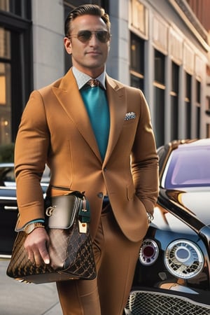 A businessman in a luxury suit and Gucci sunglasses stands in front of his Bentley SUV, smoking a cigar while glancing at his Vacheron gold watch. The background shows a downtoThe successful businessman stands tall in his impeccably tailored luxury suit, adorned with a sophisticated LV bag. His Gucci sunglasses shield his eyes from the bright sun as he takes a moment to enjoy his surroundings. He leans against his sleek and powerful Bentley SUV, puffing on a fragrant cigar as he glances down at his wrist to check the time on his exquisite Vacheron gold watch. The backdrop of a bustling downtown creates an interesting contrast to the serene image of the businessman taking a momentary break from his busy schedule.wn area.