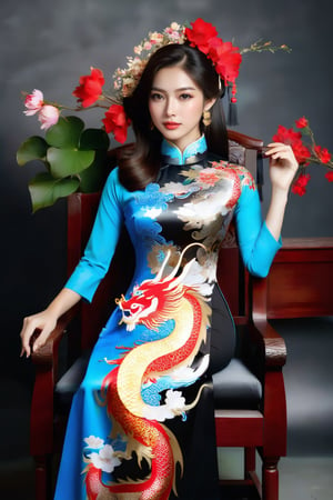 A portrait of a beautiful Vietnamese girl in a black ao dai with dragon and floral pattern, is seated on a wooden chair with a grey background behind her. The studio light is positioned to the right of the girl, casting a soft light on her face and dress.,1girl,Vietnam,girl,women,woman,beauty,ao dai,lovely,Ao dai