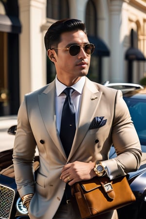 A handsome VIP Vietnamese man in a luxury suit and Gucci sunglasses stands in front of his Bentley SUV, smoking a cigar while glancing at his Vacheron gold watch. The background shows a downtoThe successful businessman stands tall in his impeccably tailored luxury suit, adorned with a sophisticated LV bag. His Gucci sunglasses shield his eyes from the bright sun as he takes a moment to enjoy his surroundings. He leans against his sleek and powerful Bentley SUV, puffing on a fragrant cigar as he glances down at his wrist to check the time on his exquisite Vacheron gold watch. The backdrop of a bustling downtown creates an interesting contrast to the serene image of the businessman taking a momentary break from his busy schedule.wn area.,r4w photo