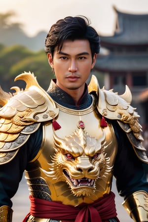 In front of me stands a strikingly handsome Vietnamese lord, his short black hair adorned with white highlights. He is dressed in a regal golden dragon armor, which perfectly complements his chiseled features. In his right hand, he wields a large lion shield, a symbol of his strength and courage. His left hand grips a curved sword, its hilt encrusted with a sparkling ruby, a testament to his wealth and power. A fierce red eastern dragon stands beside him, its scales shimmering in the glare of the sun. The dragon exhales a fiery breath, a clear sign of its loyalty and allegiance to the man.