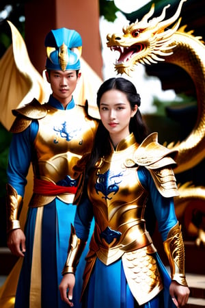The Vietnamese female warriors of Olympus stood ready for battle, their weapons and armor at the ready. One of them wore a blue ao dai with gold armor adorned with a dragon pattern covered in gold.The other warriors looked on with respect and admiration, knowing that their comrade was a skilled fighter and a fierce ally. As they prepared to face their enemy, they knew that they would fight with honor and courage, just as their ancestors had done before them. Their spirits were strong, their minds focused, and their hearts filled with determination. They were the protectors of Olympus, and they would defend their home at any cost.,man