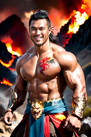 This is a portrait artwork of a muscular Vietnamese barbarian with divine proportions. He is grinning and has an intense gaze. The scene is set in rugged terrain with a stormy backdrop, fiery explosions, thunderous clouds, and dynamic lighting. The background has a barren wasteland with molten lava and majestic mountains. The artist Skyrn99 used vibrant colors, followed the rule of thirds, and added bokeh and backlighting with a long exposure of 2.