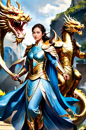 The female warriors of Olympus stood ready for battle, their weapons and armor at the ready. One of them wore a blue ao dai with gold armor adorned with a dragon pattern covered in gold.The other warriors looked on with respect and admiration, knowing that their comrade was a skilled fighter and a fierce ally. As they prepared to face their enemy, they knew that they would fight with honor and courage, just as their ancestors had done before them. Their spirits were strong, their minds focused, and their hearts filled with determination. They were the protectors of Olympus, and they would defend their home at any cost.